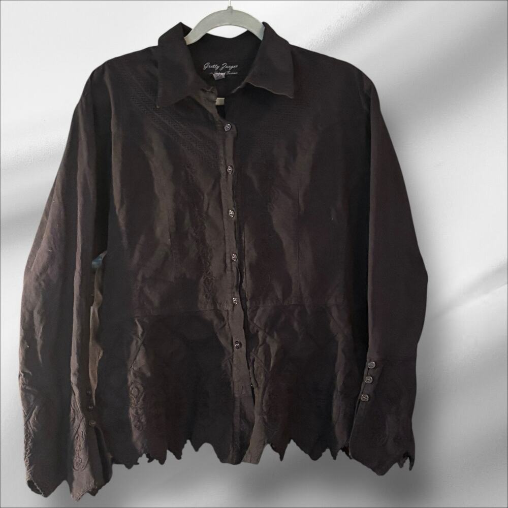 Gretty Zueger 2X 100% Cotton Embroidered Button up Black Shirt Blouse Lagenlook